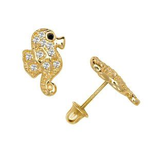 14K Solid Gold Adorable Seahorse Studs Screw Back earrings with White Stones